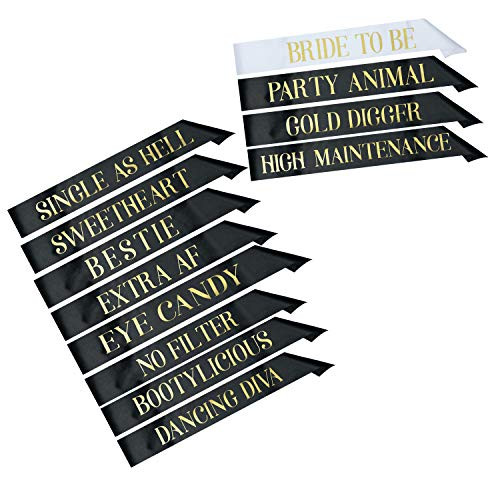 12 Bachelorette Sashes for Bachelorette Party - 11 Bridesmaids Sashes and 1 Bride to Be Bachelorette Sash - Bride Tribe Gifts Games Favors Decorations Supplies - Black & Gold - White & Gold 12 Bachelorette Sashes for Bachelorette Party - 11 Bridesmaids Sashes and 1 Bride to Be Bachelorette Sash - Bride Tribe Gifts Games Favors Decorations Supplies - Black & Gold - White & Gold