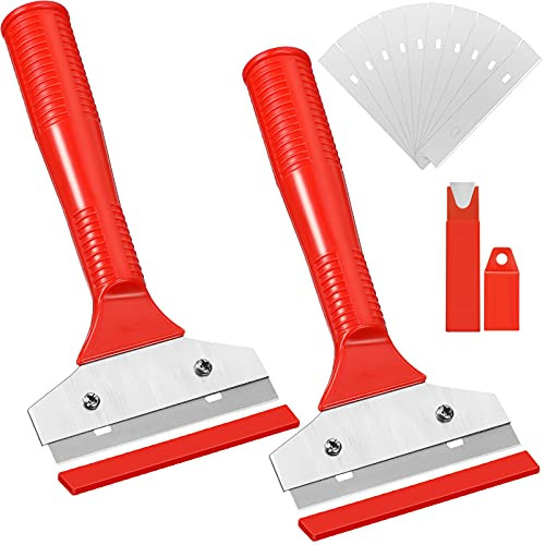 4 Inch Razor Blade Tile Scraper Floor Wall Scraper Razor Blade Scraper with 10 Pieces Replacement Razor Blades for Removing Wallpaper, Sticker Glue Paint Floor Adhesive 2 Pieces -Red-