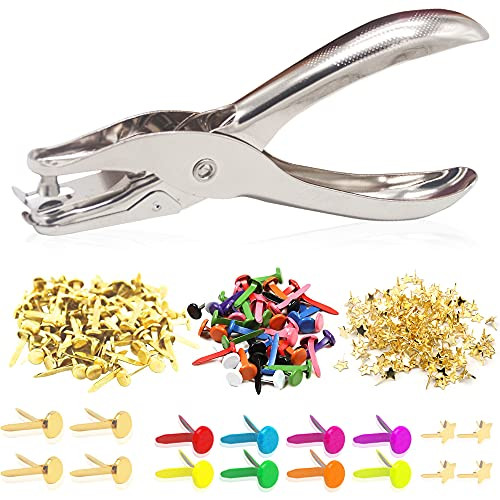 301Pcs, Single Hole Puncher, 5 Sheet Capacity, Classic Office Paper Punch with Mutil-Color Brass Paper Fastener for Craft Paper, DIY Crafts, Perfect for Home Office School Supplies, Chrome