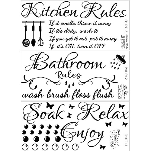 3 Pieces Kitchen Bathroom Rules Wall Decals Sticker Soak Relax Enjoy Bathroom Rules Background Decor Vinyl Inspirational Quotes Saying Wall Art Decor for Home Bathroom -Black-