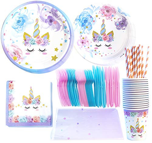 Unicorn Party Supplies Set - Serves 16 Guests - Cute Unicorn Themed Party Favors - Magical Rainbow Design - Birthday Party Supplies - By Xeren Designs