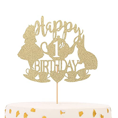 Alice in Wonderland Cake Topper - Golden Glitter Cake Supplies for 1st Birthday party decorations,Alice's Adventures in Wonderland/Bunny/Tea Party Supplies to Decorate Cakes -1st cake topper-