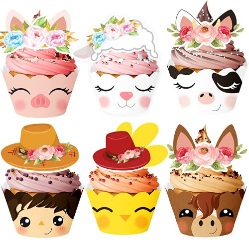 Farm Animal Cupcake Toppers and Wrappers Farm Birthday Party Supplies Farm Party Favors Decorations Cow Theme Birthday Party Cow Baby Shower Cake Farm Themed Birthday Party Pink Barnyard Birthday