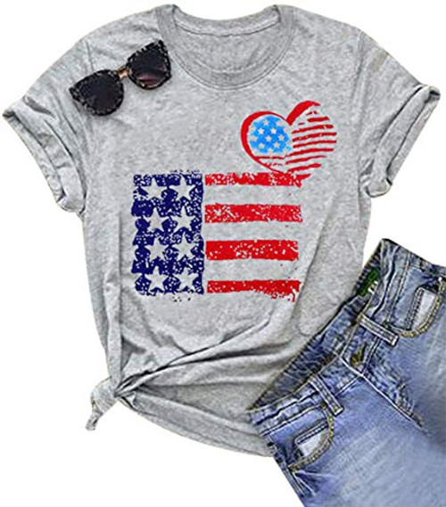 FEELIN American Flag Shirts Women 4th of July T-Shirt Stars Stripes Print Patriotic Casual Tops Tees -Light Gray, S- FEELIN American Flag Shirts Women 4th of July T-Shirt Stars Stripes Print Patriotic Casual Tops Tees -Light Gray, S-