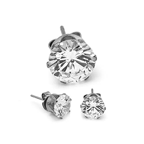 BEBERLINI Stud Earrings Round Cubic Zirconia Push Back Silver Stainless Steel CZ Ear Piercing Jewelry for Women Men 8 mm