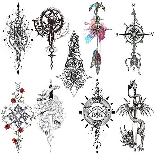 Oottati 8 Sheets Black Arrow Compass Feather Dragon Anchor Sword Snake Tree Flower Temporary Tattoos for Arm Oottati 8 Sheets Black Arrow Compass Feather Dragon Anchor Sword Snake Tree Flower Temporary Tattoos for Arm