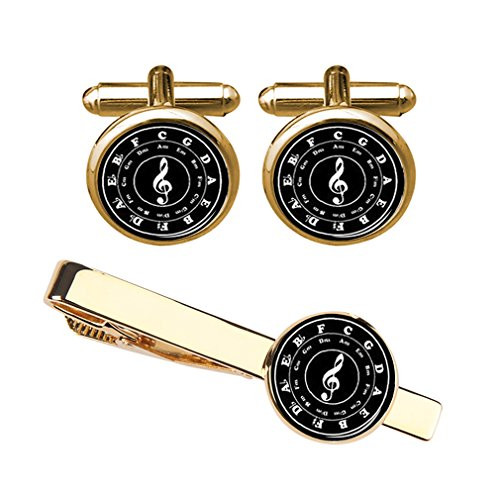 ZUNON Music Note Bass Clef Cufflinks  and  Tie Clips Set Musician Artist Mens Gift Gifts for Him -Gold Cufflinks-