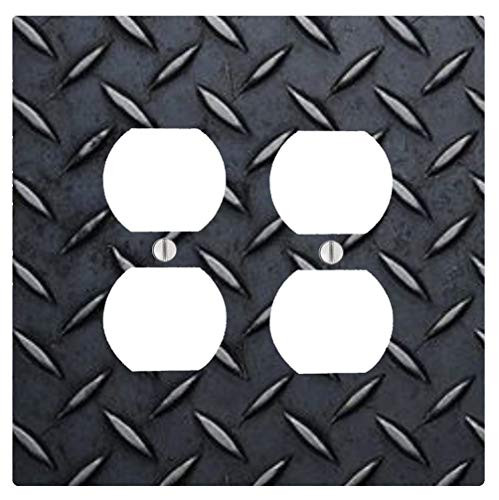 Black Diamond Plate Sheet Metal with Grooves 2 Duplex Electrical Outlet Wall Plate -4.56 x 4.5in-