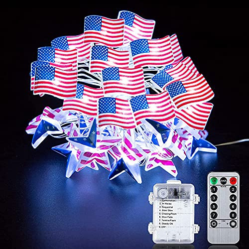 KAiSnova 4th of July Decorations 10ft 40 LEDs USA Stars and American Flag String Lights, 8 Modes Battery Operated with Remote Waterproof Fairy Lights for Independence Day Memorial Day Patriotic Decor