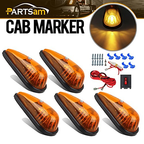 Partsam Amber Teardrop Marker Light 5pcs Front Rear Top-Mounted Cab Roof Light with Wiring Pack for Trucks, Vans, Pickups, semis and RVs