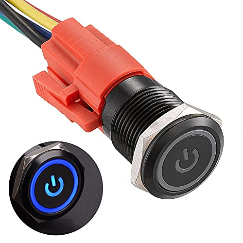 APIELE 16mm Latching Push Button Switch 0.63" 12V Power Symbol Ring Led Car Metal with Socket Plug 1NO1NC SPDT ON/Off -Blue/ Black Shell-