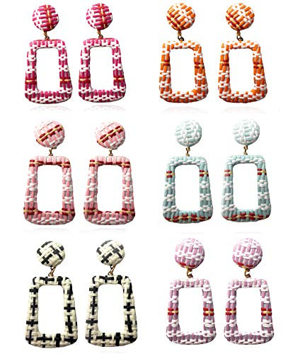 ATIMIGO 6 Pairs Bohemian Statement Earrings Handmade Raffia Woven Lightweight Drop Dangle Earrings for Women Girls