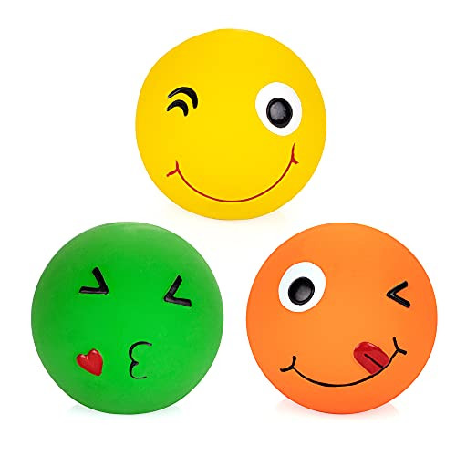 Chiwava 3 Pack 2.7'' Latex Squeaky Dog Toy Ball Smiley Face Round Balls Interactive Fetch Play for Medium Dogs