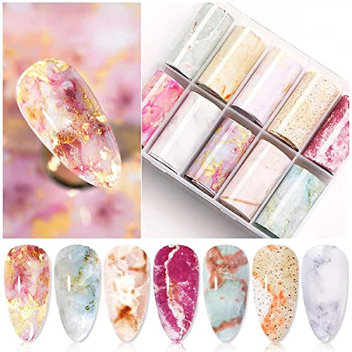 Marble Nail Foil Transfer Sticker 10 Rolls Marble Stone Nail Art Transfer Decals Nail Art Supplies Nail Foil Tips Starry Sky Laser Colorful Blooming Print Transfer Foils Stickers DIY Nail Decorations