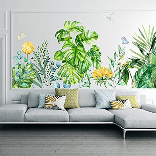 DIY Green Tropical Monstera Leaves Wall Decal, SMFANLIN Removable Fresh Palm Leaf Plants Peel and Stick Wall Sticker, Watercolor Spring Tree Wall Mural Decor for Baby Bedroom Bathroom Living Room Home