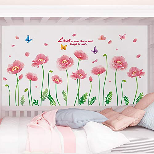 Vibrant Poppy Flowers Vines Wall Decals, SMFANLIN Removable Poppies Floral Peel and Stick Wall Stickers, Garden Plant Art Murals Posters Decor for Kids Baby Bedroom Bathroom Living Room Home -Pink-
