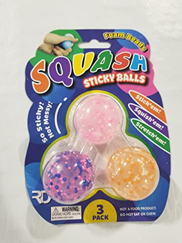 Squash Sticky Balls, Variety of Fun Colors. Sticky Squishy Sensory Items, Splat and Sticks to Walls, Anxiety and Stress Relief, Sensory Fidget Pack of 3 -Foam Beads-