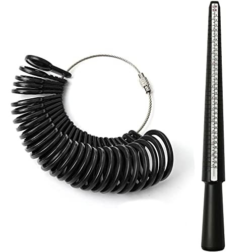 2 Pcs Ring Size Measuring Tool with Plastic Ring Mandrel  and  Ring Sizer Gauge, Finger Size Mandrel and Gauge Measure Tool for Making Jewelry,Ring Sizer Tool Us Sizes 0-13 for Men Women -Black-