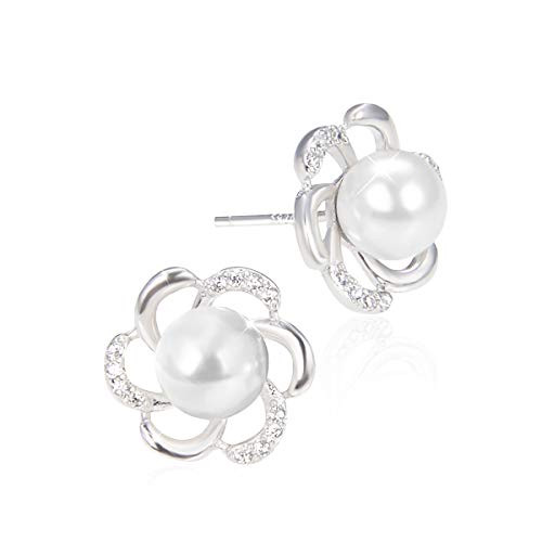 PEARLOVE Women's Pearl Stud Earrings 6MM 925 Sterling Silver Hypoallergenic Flower Pearl Earrings, Jewellery Gift for Women Gift Packaging