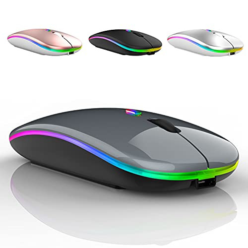 LED Wireless Mouse, Rechargeable Slim Silent Mouse 2.4G Portable Mobile Optical Office Mouse with USB  and  Type-c Receiver, 3 Adjustable DPI for Laptop, Computer, Notebook, PC, Desktop -Grey-