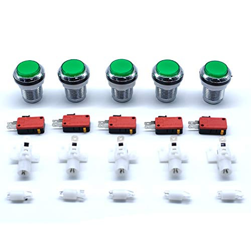 Arcity 5 Pieces 30mm Arcade LED Push Buttons Chrome Illuminated Plating Green with Micro Switch for Arcade Machine Games Console Mame Jamma Parts 12V Durable New