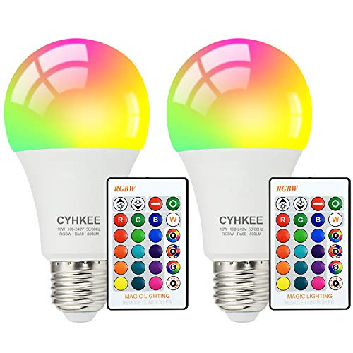2 Pack Color Changing Light Bulbs 10w, 80 watt Equivalent, A19 E26 RGB Led Bulbs with Remote Control, 5500K Daylight White, Dimmable Decoration Lighting for Disco Bedroom Stage Party Christmas