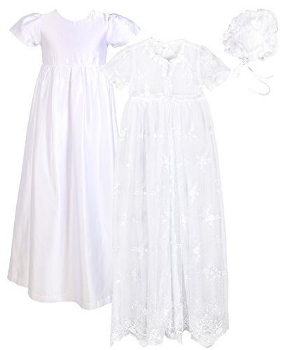 Baby Girls Baptism 3PCS Set(Lace Mesh Dress, Satin Gown, Bonnet) for 0-18 Months (0-3 Months, WHite)