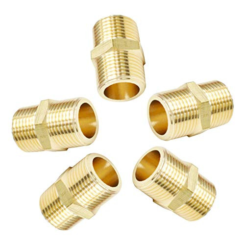 Brass Pipe Fitting Equal Connector, 1/2" x 1/2" NPT Brass Male Coupling Thread Pipe Hex Nipple Adapter -1/2" X 1/2"-