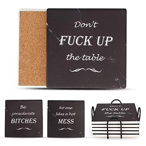 6 Pcs Funny Coasters Set Absorbent Coasters with Holder Black Marble Drink Coasters Ceramic Square Coasters Cool Coasters Table Cup Coaster Gift
