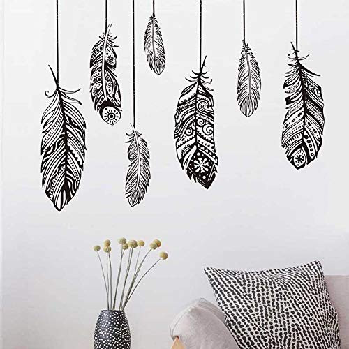 Feathers Wall Decals Quotes Dreams Come True Wall Stickers Bedroom Living Room Wall Decor Peel and Stick Removable Wall Stickers -Black-
