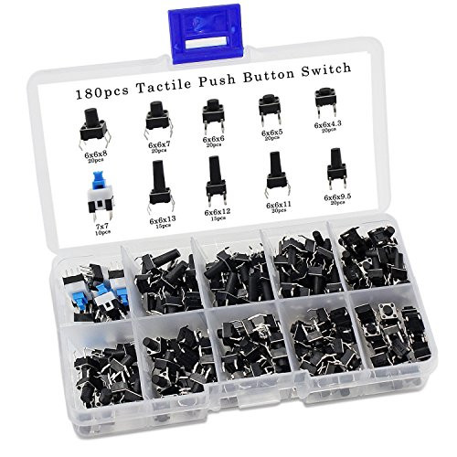 AuSL 180 Pcs 10 Value 6 X 6,7 X 7mm Tactile Push Button Switch, Micro Momentary Tact Assortment Kit