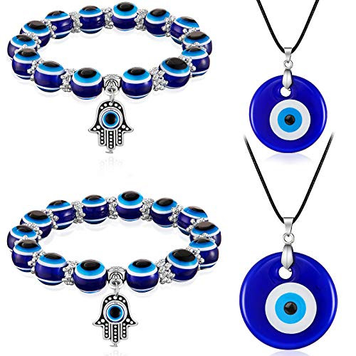 Yaomiao 4 Pieces Evil Eye Necklace with Evil Eye Bracelet Set Blue Eye Bead Hamsa Hand Stretch Bracelet and Glass Eye Faux Leather Rope Chain Necklace for Women and Men