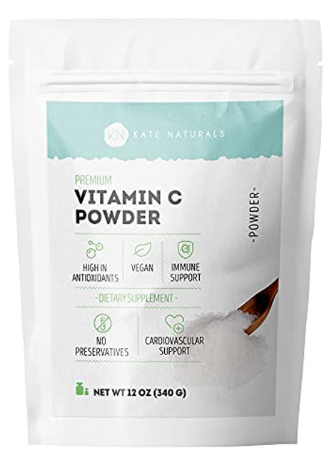 Premium Vitamin C Powder by Kate Naturals. 100 percent Natural and Preservative-Free. Vegan Powdered Ascorbic Acid for Immune and Cardiovascular Support. Resealable Bag. 12 oz. Premium Vitamin C Powder by Kate Naturals. 100 percent Natural and Preservative-Free. Vegan Powdered Ascorbic Acid for Immune and Cardiovascular Support. Resealable Bag. 12 oz.