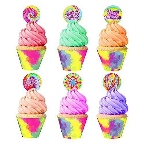 Tie Dye Cupcake Toppers and Cupcake Wrappers, 24 Rainbow Cupcake Toppers and 24 Cupcake Wrappers, Rainbow Party Baby Showers Decorations Tie Dye Birthday Party Supplies