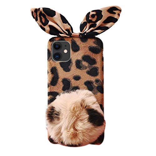 Omio for iPhone 11 Case Leopard Print Fur with Ball Cute Ears Hairball Design Plush Fluffy Fuzzy Fashion Cover for iPhone 11 Furry Soft Case Winter Warm Luxury Women Protective Case for iPhone 11