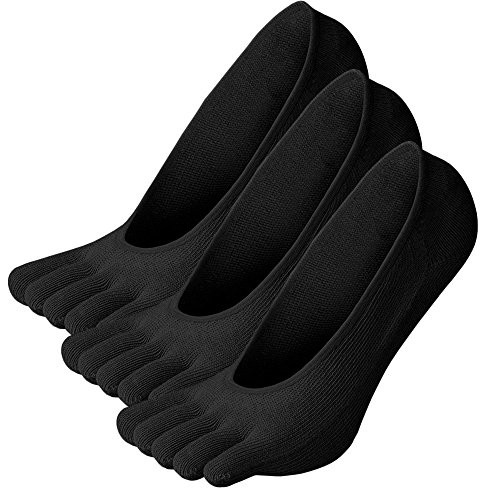 NO Show Running Five Fingers Crew Ankle Toe Socks for Women Ladies Men -one size, black-3pc-