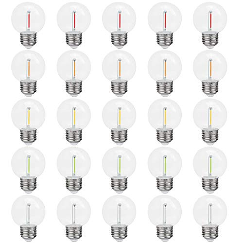 MEILUX LED Filament Globe Bulb 1W Equivalent 10W E26 Base Light Bulb Muticolor 70lm Shatterproof Clear Plastic Decorative Light Bulb Waterproof Outdoor Indoor String Lights 25Pack Non Dimmable