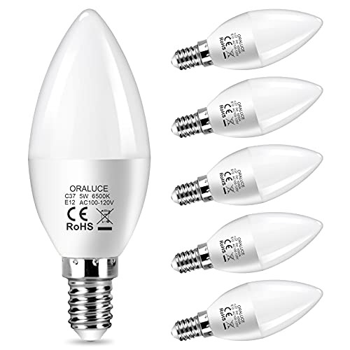 E12 LED Candelabra Light Bulbs - 40 Watt Equivalent, 6500K Cool White Chandelier Light Bulbs Non-dimmable, ORALUCE Type B Light Bulb for Ceiling Fan, 5W 450LM 6 Pack