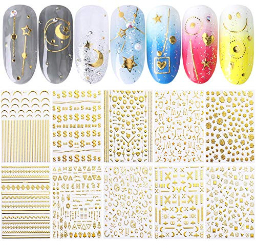 10 Sheets Gold Nail Art Stickers Decals Luxury Nail Art Supplies 3D Self-Adhesive Designer Nails Sticker Metallic Star Moon Flower Line Money Nail Designs Stickers for Acrylic Nails Decorations