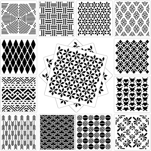 12 Pieces Geometric Stencils 7.87 x 7.87 Inch Reusable Painting Templates Geometric Art Drawing Stencils for DIY Scrapbooking Craft Home Wall Tile Floor Furniture Decor