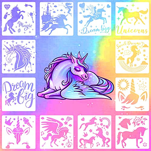 12 Pieces Unicorn Stencils Unicorn Pattern Craft Stencils DIY Scrapbooking Drawing Templates Large Unicorn Pattern Reusable Painting Templates for Painting on Wood Wall Home Decor, 7.87inch