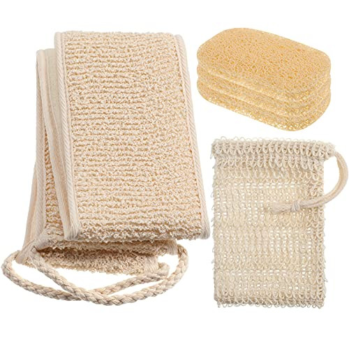 Exfoliating Back Scrubber Body Scrubber for Shower with 2 Pieces Soap Saver Pad Bar Soap Dish Holders Lifting Pads and Exfoliating Bag Ramie Mesh Soap Saver Pouch with Drawstring