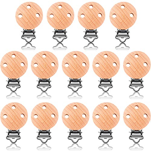 14 Pieces 1.4 Inch Suspender Clips Beech Wood Pacifier Clip DIY Wooden Pacifier Clip Grasping Toy Suspender Clips Wood Pacifier Clip Clasp Larger Clips for Pacifier Holder Making Accessories