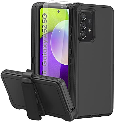 ONOLA Compatible for Samsung A52 Case -5G  and 4G- with HD Screen Protector and Belt-Clip Holster Kickstand,Galaxy A52 Full-Body Rugged Three-in-One Cover for Samsung Galaxy A52 5G -Black-