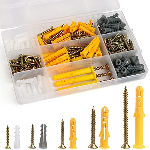 230 Pieces Plastic Drywall Wall Anchors and Screws Kit, Includes 5 Different Size Plastic Drywall Anchors and Flat Head Screws