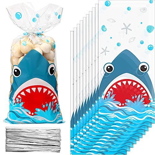 100 Pieces Shark Party Bags, 12.5 x 27.5 cm/ 4.9 x 10.8 Inch Shark Plastic Bags Shark Birthday Goodie Favor Bags Sea Candy Bags with 100 Silver Twist Ties for Summer Ocean Sea Shark Party Supplies