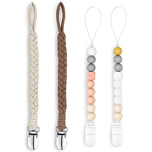 4 Pieces Baby Pacifier Clip Silicone Beads Pacifier Holder Braided Pacifier Holder Leash Pacifier Clip Holder for Boys and Girls Pacifier Teether Soothie Teething Toys