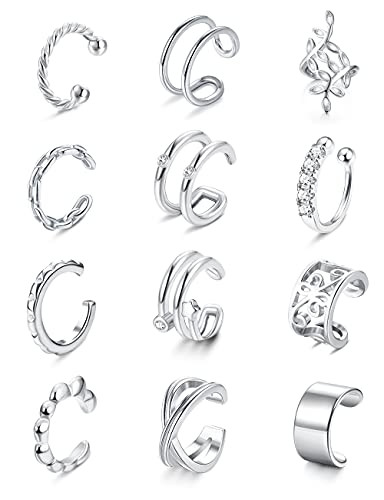 BESTEEL 12PCS Ear Cuff Huggie Cartilage Clip on Earrings Gold Silver Plated Non Piercing Earrings Set for Women Adjustable