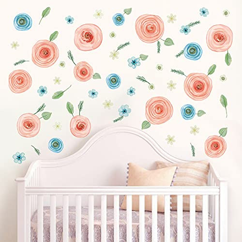 decalmile Watercolor Flower Wall Decals Pink and Blue Floral Wall Stickers Girls Bedroom Living Room Sofa TV Background Wall Art Decor