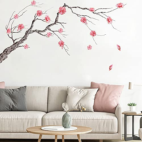 MEFOSS Large Plum Flower Wall Decals Tree Branches Floral Wall Stickers Peel and Stick Removable Wall Decal for Living Room Bedroom Porch Office Decor Art